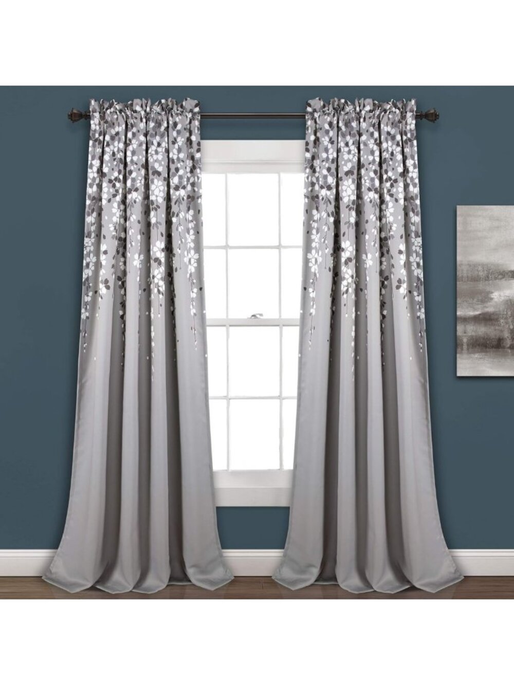 Charming Floral Light Filtering Window Curtain Panels, 52"W x 84"L, Gray Pair
